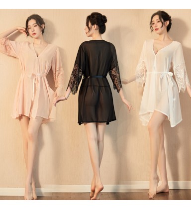 Sheer Lace Lingerie Robe & Gown Set - Sexy Sleepwear for Bedroom Lounge