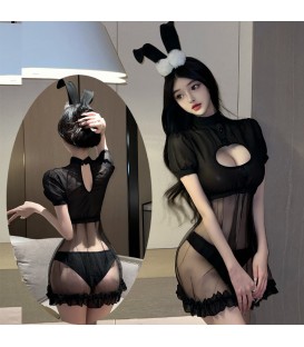 Bunny Roleplay Lingerie Set - Open Cup Bra with Fluffy Tail Panty & Lace Skirt