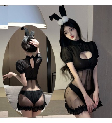 Bunny Roleplay Lingerie Set - Open Cup Bra with Fluffy Tail Panty & Lace Skirt