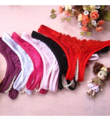 Pearl Massage Open-Crotch G-String - Sheer Mesh Panties