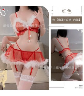 Christmas Sheer Mesh 3-Piece Lingerie Set - No-Remove Mini Dress for Festive Nights