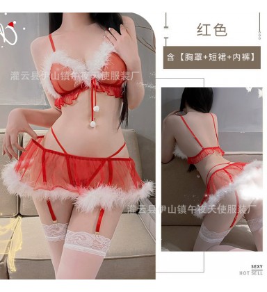 Christmas Sheer Mesh 3-Piece Lingerie Set - No-Remove Mini Dress for Festive Nights