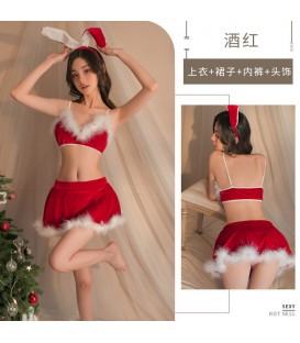 Bunny Christmas Lingerie Set - Festive Deep V-Back Dress with Plush Trim