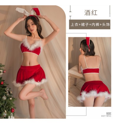 Bunny Christmas Lingerie Set - Festive Deep V-Back Dress with Plush Trim