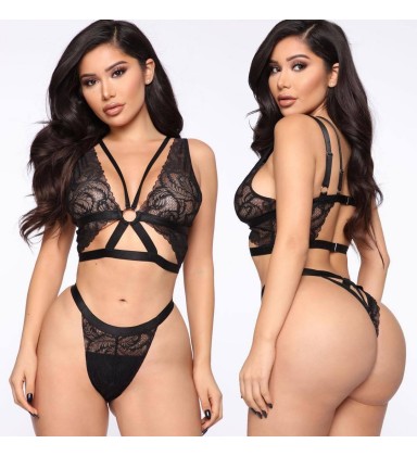 Black Lace Strappy Lingerie Set - Adjustable Seductive Underwear